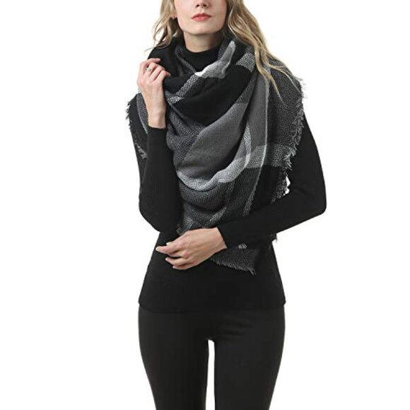 Oversized Plaid Blanket Scarf Chunky Winter Shawl Wrap Cozy Warm Fashion - Picture 5 of 7